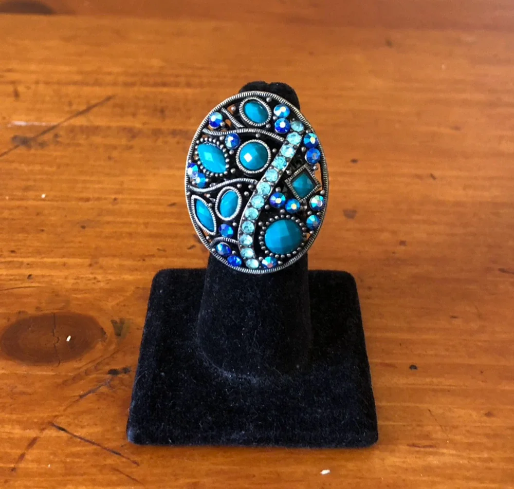 Vintage Boho Oval Statement Ring Turquoise And Blue Rhinestones Stretch Ring